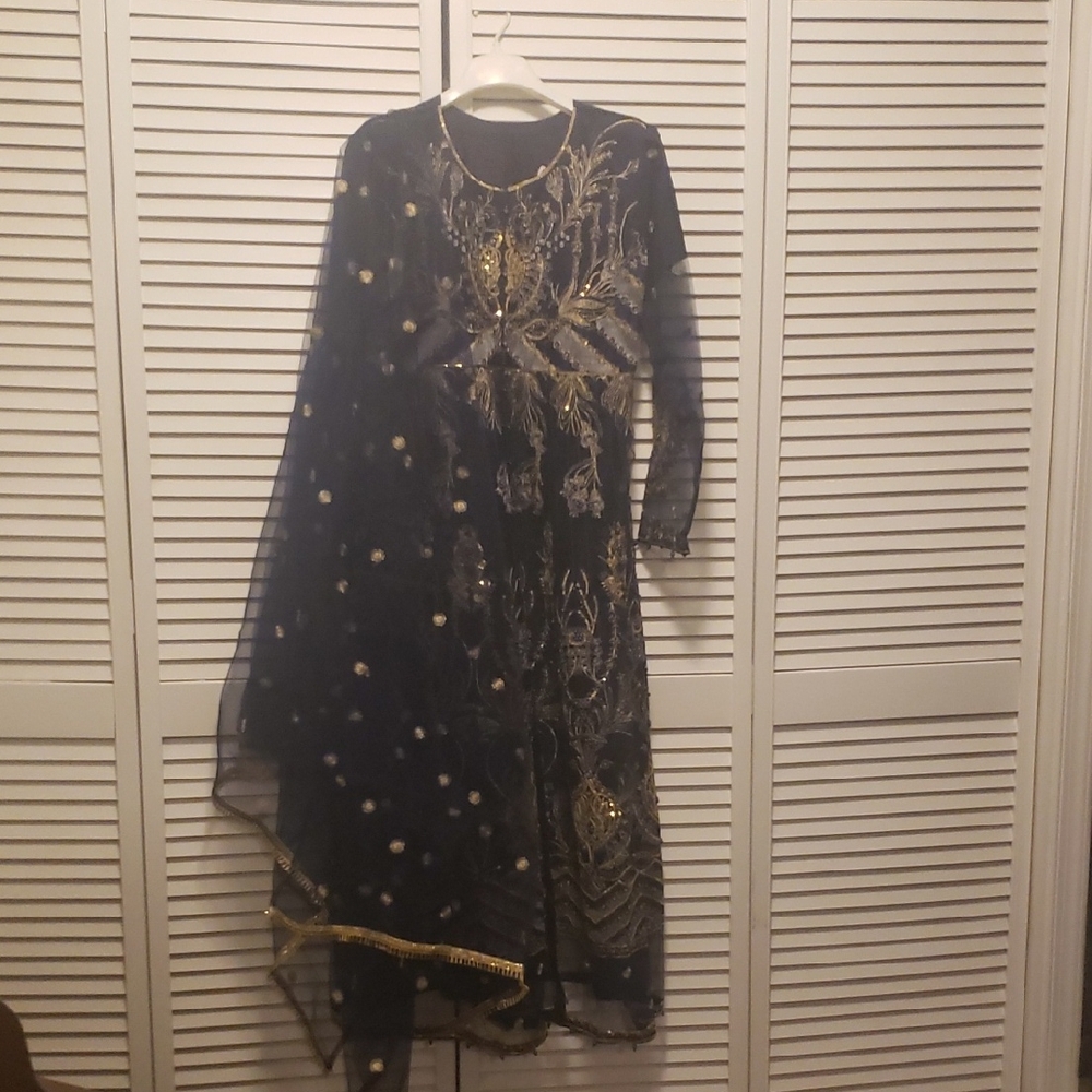Blue and Gold Sequin Embellished Long Sleeve Gown